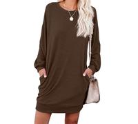 PrinStory Robe pull pour femme, robe décontractée, col rond, robe sweat avec poches, Café foncé., S