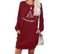 PrinStory Robe pull pour femme, robe décontractée, col rond, robe sweat avec poches, Sapin de Noël., XL