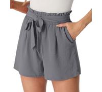 PrinStory Short d'été pour femme avec poches, short à jambes larges, cordon de serrage, jambe droite, short pour femme, gris foncé, M