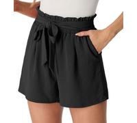 PrinStory Short d'été pour femme avec poches, short à jambes larges, cordon de serrage, jambe droite, short pour femme, Noir , XXL