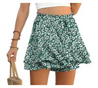 PrinStory - Short d'été pour femme taille haute avec volants, short court confortable jambe large, jupe courte, loisirs, plage, vacances, Fleur blanche verte, M