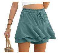 PrinStory Short d'été pour femme - Taille haute - Volants - Pantalon court - Loisirs - Jambes larges - Jupe courte - Plage - Vacances, vert océan aqua, L
