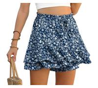 PrinStory Short d'été pour femme - Taille haute - Volants - Pantalon court - Loisirs - Jambes larges - Jupe courte - Plage - Vacances, Fleur bleue et blanche, L
