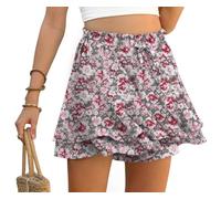 PrinStory Short d'été pour femme - Taille haute - Volants - Pantalon court - Loisirs - Jambes larges - Jupe courte - Plage - Vacances, Fleur grise., XL