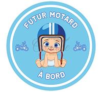 Print Corner - Autocollant Bébé à Bord - Futur Motard à bord - Bleu - Motif de moto coloré - Vinyle - Rectangulaire - Brillant - Étanche - Usage unique - Outdoor - Voiture