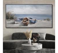 Print on Canvas 3 Boats Painting Artwork Nordic Abstract Seaside Beach Ship Pictures for Living Room Home Wall Art Decor(70x140cm/Frameless)