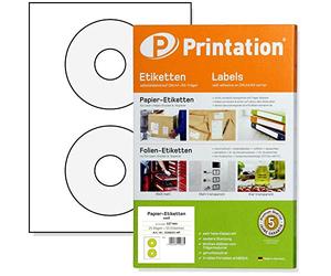 Printation Étiquettes Autocollantes CD DVD diamètre 117mm - 50 Etiquettes pour CD - 25 Feuilles A4 - Blanches Adhésives pour Jet d'Encre et Laser - Opaques à Personnaliser - ClassicSize