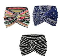 Printed Cross Yoga Headband,Boho Headbands for Women, Paisley Print Hair Band Wide Hair Band, Twist Headbands for Women (3Pcs-C)