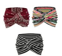 Printed Cross Yoga Headband,Boho Headbands for Women, Paisley Print Hair Band Wide Hair Band, Twist Headbands for Women (3Pcs-A)