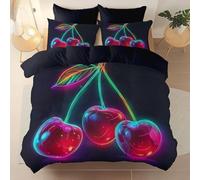 Printed Housse de Couette 200 x 200 cm avec 2 Taies d'oreiller 65 x 65 cm, RêVeur Cerise NéOn Lignes Parure de lit Adulte - Noir Housse de Couette en Microfibre avec Fermeture Éclai