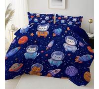 Printed Housse de Couette 220 x 240 cm avec 2 Taies d'oreiller 65 x 65 cm, Dessin Animé Espace PlanèTe Parure de lit Adulte - Bleu Housse de Couette en Microfibre avec Fermeture Éclai
