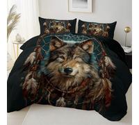 Printed Housse de Couette 260 x 220 cm avec 2 Taies d'oreiller 65 x 65 cm, Fantaisie Attrape-RêVes Loup Parure de lit Adulte - Noir Housse de Couette en Microfibre avec Fermeture Éclai