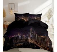 Printed Housse de Couette 260 x 220 cm avec 2 Taies d'oreiller, ScèNe Nocturne De La Ville Gratte-Ciels Thème Parure de lit - Noir Housse de Couette en Respirable Microfibre Résistant à la déchirure