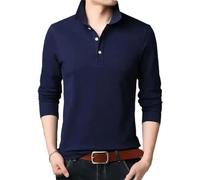 Printemps Automne Hommes Coton Manches Longues Polo Hommes Solide Business Casual Tops, bleu marine, XS