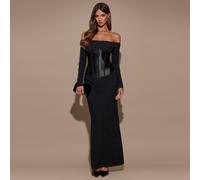Printemps/Automne / Noir pur / Robe maxi moulante à épaules dénudées, manches longues, taille corset et queue de poisson / Robe sexy et mature pour femme, style désir pur, hot girl + Convient pour soi