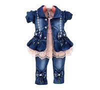 Printemps Automne Petites Filles Ensemble de vêtements 3 pièces T-Shirt à Manches Longues Veste en Jean et Jean (Rose, 1-2 Ans)