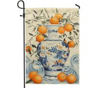 Printemps Été Fleur d'Oranger Jardin Drapeau Vase en Porcelaine Floral Bleu Bannière de Décoration Extérieure Bannière Double Face Patio Décor À La Maison,12x18