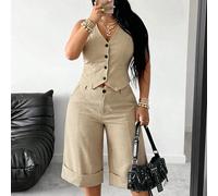 Printemps, Été, Nouvel Ensemble Élégant Mode Décontracté Tissu Rayé Coupe Slim Couleur Unie Débardeur Femme Sans Manches Longueur Courte Camisole Élégante Avec Design Taille Zippée Ourlet Roulé Longue