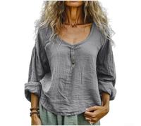 Printemps Femmes Rétro Coton Lin Manches Longues Bouton Down Shirt Casual Loose Fit Pullover Top avec Col Rond (L Gris)
