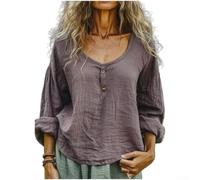 Printemps Femmes Rétro Coton Lin Manches Longues Bouton Down Shirt Casual Loose Fit Pullover Top avec Col Rond (S Violet Clair)