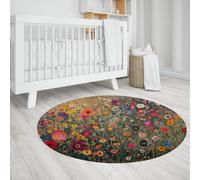 Printemps Floraison Jardin Rond Tapis Vintage Wildflower Peint Art Chambre Cercle Tapis Doux Moelleux Lavable pour l’étude Blanchisserie 160cm
