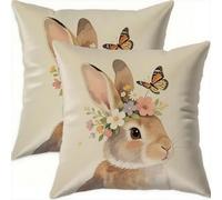 Printemps Housse Coussin 35x35cm Pâques Decoratif Housse Coussin,Velours Taie Oreiller Brun Double Face Impermé,Lot de 2 d'oreillers avec Fermeture éclair Invisible pour Salon Chambre Decor F768