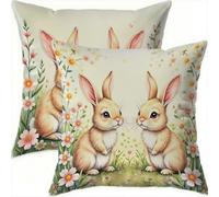 Printemps Housse Coussin 75x75cm Pâques Decoratif Housse Coussin,Velours Taie Oreiller Lapin Double Face Impermé,Lot de 2 d'oreillers avec Fermeture éclair Invisible pour Salon Chambre Decor F666