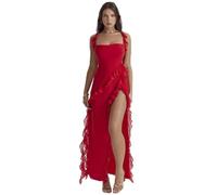 Printemps Nouvelle Fille Chaude Mince Grande Fente Streamer Robe à Bretelles Sexy pour Les Femmes - Rouge - XS