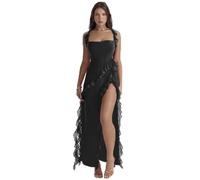 Printemps Nouvelle Fille Chaude Mince Grande Fente Streamer Sexy Robe à Bretelles pour Les Femmes - Noir - S