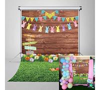 Printemps Pâques Décoration Toile de Fond Oeufs Panneau en Bois Mur Fleurs et Herbe Photo Fond Nouveau-Né Fête Photographie Bannière Studio Props 1,8 x 2,7 m