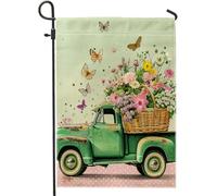 Printemps shabby camion drapeau de jardin panier marguerite fleur papillon pois vintage cottagecore vert lin vacances double face fête cour maison pelouse maison jardin décoration murale drapeau de