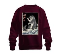 Printera Pull japonais motif chat de combat Ukiyoe vagues de mer, bordeaux, S