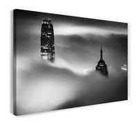 Printistico Impression sur toile (100x70 cm) Gratte-ciel dans le brouillard, lumières du soir de New York, noir et blanc, photo d'architecture, cadre en bois véritable avec crochet,