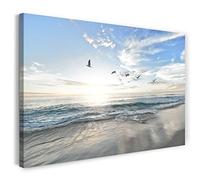 Printistico Impression sur toile (100x70 cm) mer, mouettes, oiseaux, nature, soleil, couleurs froides, photos nature, cadre en bois véritable avec crochet,