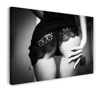 Printistico Impression sur toile (100x70 cm) photographie de femmes en noir et blanc - partie inférieure avec robe lingerie, cadre en bois véritable avec crochet,