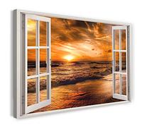 Printistico Impression sur toile (100x70 cm) vue depuis la fenêtre - coucher de soleil sur la mer, vacances d'été - photographie de la nature, cadre en bois véritable avec crochet,