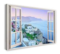 Printistico Impression sur toile (100x70 cm) vue depuis la fenêtre - Grèce vue sur la mer bâtiments blancs - photographie nature, cadre en bois véritable avec crochet,