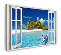 Printistico Impression sur toile (100x70 cm) vue depuis la fenêtre - île palmiers vacances mer plage - photographie nature, cadre en bois véritable avec crochet,