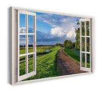 Printistico Impression sur toile (100x70 cm) vue depuis la fenêtre - paysage de rue nature nuages d'été - photographie de la nature, cadre en bois véritable avec crochet,