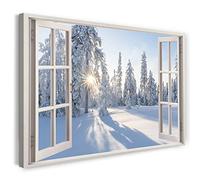 Printistico Impression sur toile (100x70 cm) vue depuis la fenêtre - paysage d'hiver arbres forêt soleil nature - photographie de la nature, cadre en bois véritable avec crochet,