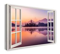 Printistico Impression sur toile (100x70 cm) vue depuis la fenêtre - paysage lacustre nature lever du soleil église - photographie nature, cadre en bois véritable avec crochet,