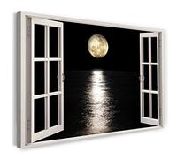 Printistico Impression sur toile (100x70 cm) vue depuis la fenêtre - reflet de l'eau de mer au clair de lune - photographie nature, cadre en bois véritable avec crochet,