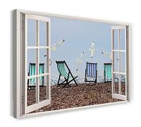 Printistico Impression sur toile (100x70 cm) vue depuis la fenêtre - transats au bord de la mer avec mouettes et vacances à la plage - photographie de la nature, cadre en bois véritable avec crochet,