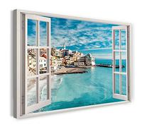 Printistico Impression sur toile (100x70 cm) vue depuis la fenêtre - ville au bord de la mer Italie vacances bleues - photographie nature, cadre en bois véritable avec crochet,