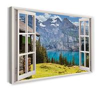 Printistico Impression sur toile (100x70 cm) vue depuis la fenêtre - vue sur le lac refuge paysage naturel - photographie nature, cadre en bois véritable avec crochet,