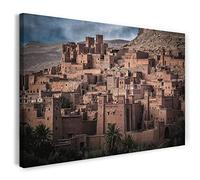 Printistico Impression sur Toile (120x80 cm) Ait Ben Haddou, ville du désert au Maroc, couleurs froides, photo d'architecture, cadre en bois véritable avec crochet,