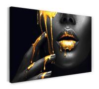 Printistico Impression sur toile (120x80 cm) Bouche sensuelle - Photographie de femmes en noir et blanc avec de l'or, cadre en bois véritable avec crochet,