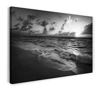 Printistico Impression sur Toile (120x80 cm) Coucher de Soleil sur la mer, Vacances à la Plage, Noir et Blanc, Photo Nature, Cadre en Bois véritable avec Crochet,