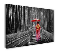 Printistico Impression sur toile (120x80 cm) Geisha japonaise en kimono - Photographie Asie, cadre en bois véritable avec crochet,
