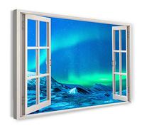 Printistico Impression sur toile (120x80 cm) Vue depuis la fenêtre - Aurores boréales Nuit Étoiles Montagne Neige - Photographie nature, cadre en bois véritable avec crochet,